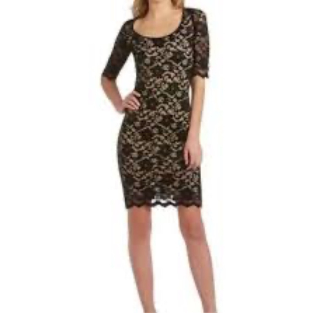 Badgley Mischka Black/champagne fitted lace dress size 8